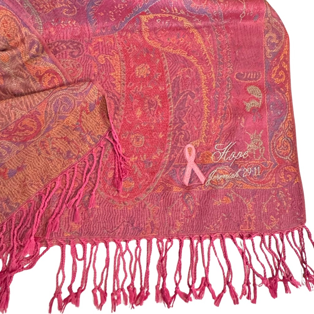 Hope Breast Cancer Awareness Scarf Pink Paisley Fringe Wrap Shawl, NWOT - Picture 4 of 6